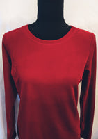 women's holiday tops, red holiday tops, red velvet long sleeve top, timeless women's clothing