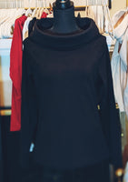 black fleece top, black turtleneck fleece, cowl neck black top, women's workwear tops