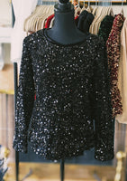 women's sequin top, black sequin top, long sleeve sequin top, women's tops for work, holiday tops for women