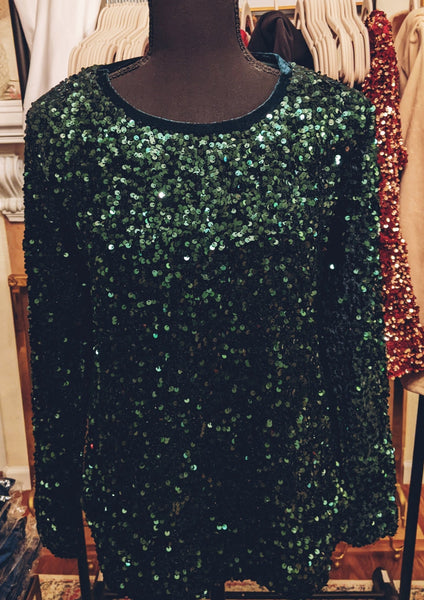 green sequin top, women's long sleeve sequin top, holiday tops for women, women's workwear tops, grandmillennial sequin tops