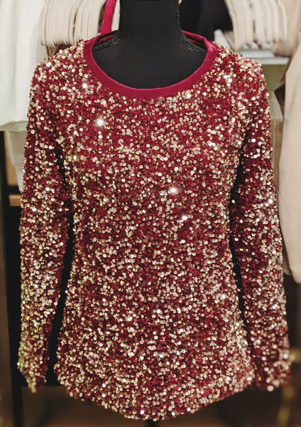 women's sequin top, long sleeve sequin top, burgundy sequin top, red sequin top, grandmillennial tops for women